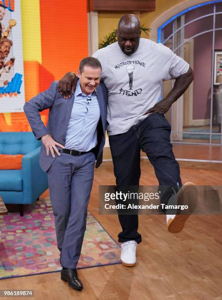 Alan Tacher and Shaquille O'Neal are seen on the set of "Despierta America" at Univision Studios to promote the film "Uncle Drew" on June 28, 2018 in...