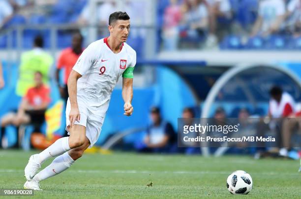 Robert Lewandowski of Poland in action during the 2018 FIFA World Cup Russia group H match between Japan and Poland at Volgograd Arena on June 28,...
