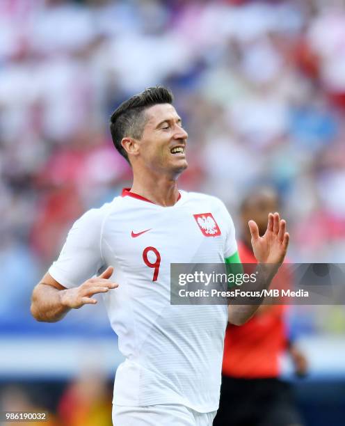 Robert Lewandowski of Poland reacts during the 2018 FIFA World Cup Russia group H match between Japan and Poland at Volgograd Arena on June 28, 2018...