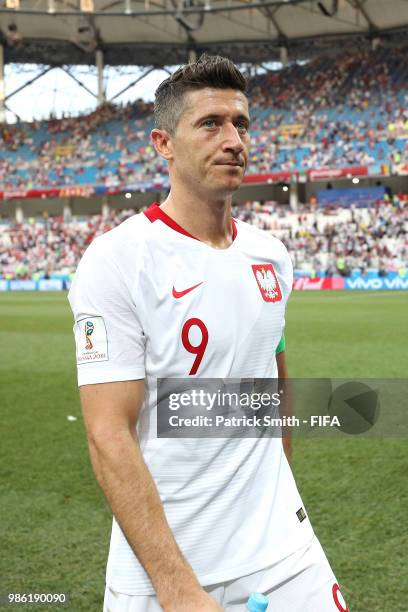 Robert Lewandowski of Poland walks off the pitch dejected following the 2018 FIFA World Cup Russia group H match between Japan and Poland at...