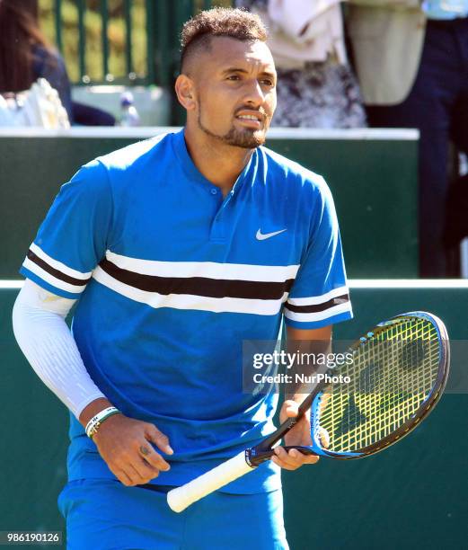 Nick Kyrgios during his match against Nick Kyrgios day two of The Boodles Tennis Event at Stoke Park on June 27, 2018 in Stoke Poges, England