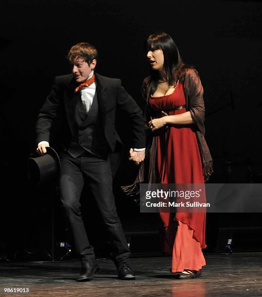 Members of Dickens Unscripted on stage during the preview of The Broad Stage 2010-2011 schedule at The Broad Stage on April 22, 2010 in Santa Monica,...