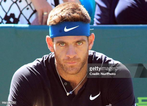 Juan Martin del Potro during his match against Taylor Fritz day two of The Boodles Tennis Event at Stoke Park on June 27, 2018 in Stoke Poges, England