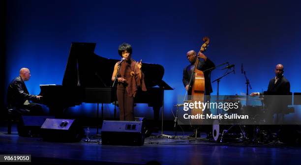 Jazz Vocalist Nnenna Freelon on stage during the preview of The Broad Stage 2010-2011 schedule at The Broad Stage on April 22, 2010 in Santa Monica,...