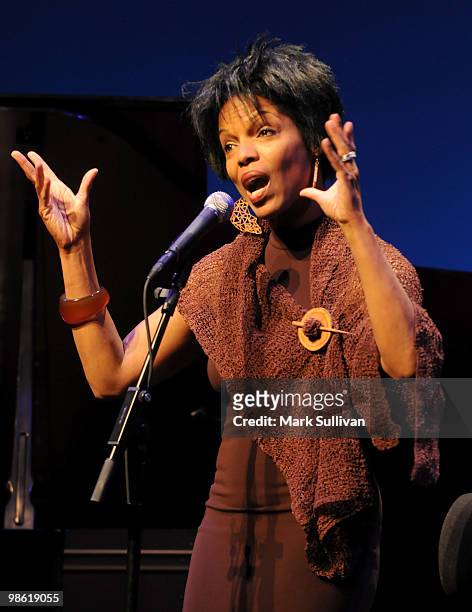 Jazz Vocalist Nnenna Freelon on stage during the preview of The Broad Stage 2010-2011 schedule at The Broad Stage on April 22, 2010 in Santa Monica,...