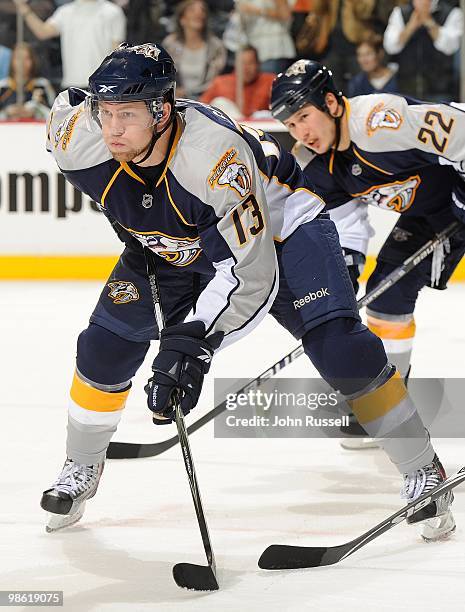 Nick Spaling of the Nashville Predators skates against the Chicago Blackhawks in Game Three of the Western Conference Quarterfinals during the 2010...