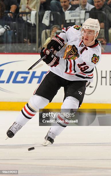 Jonathan Toews of the Chicago Blackhawks skates against the Nashville Predators in Game Three of the Western Conference Quarterfinals during the 2010...