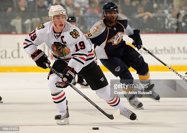 Jonathan Toews of the Chicago Blackhawks skates against the Nashville Predators in Game Three of the Western Conference Quarterfinals during the 2010...