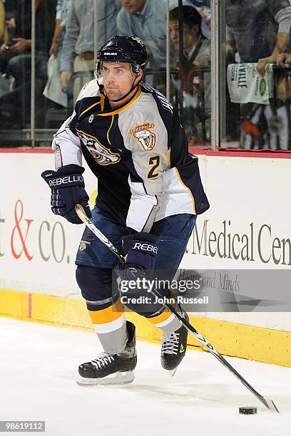 Dan Hamhuis of the Nashville Predators skates against the Chicago Blackhawks in Game Three of the Western Conference Quarterfinals during the 2010...