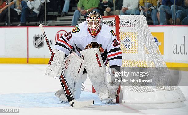 Antti Niemi of the Chicago Blackhawks minds the net against the Nashville Predators in Game Three of the Western Conference Quarterfinals during the...