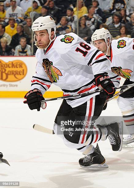 Andrew Ladd of the Chicago Blackhawks skates against the Nashville Predators in Game Three of the Western Conference Quarterfinals during the 2010...