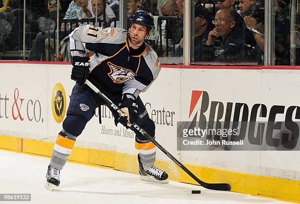 David Legwand of the Nashville Predators skates against the Chicago Blackhawks in Game Three of the Western Conference Quarterfinals during the 2010...