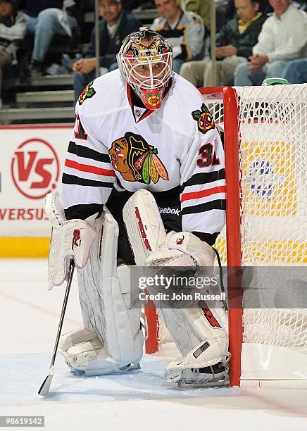 Antti Niemi of the Chicago Blackhawks minds the net against the Nashville Predators in Game Three of the Western Conference Quarterfinals during the...