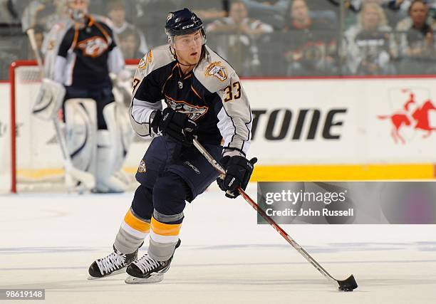 Colin Wilson of the Nashville Predators skates against the Chicago Blackhawks in Game Three of the Western Conference Quarterfinals during the 2010...