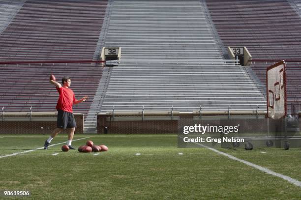 Draft Preview: NFL prospect and former University of Oklahoma QB Sam Bradford during individual workout at Gaylord Family Oklahoma Memorial Stadium....