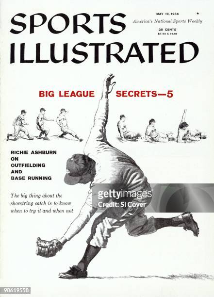 May 19, 1958 Sports Illustrated via Getty Images Cover: Baseball: Illustration of Philadelphia Phillies Richie Ashburn in action, painting by Art...