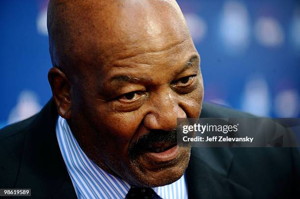 Pro Football Hall of Famer Jim Brown is interviewed on the red carpet during the 2010 NFL Draft at Radio City Music Hall on April 22, 2010 in New...