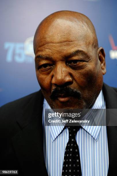 Pro Football Hall of Famer Jim Brown is interviewed on the red carpet during the 2010 NFL Draft at Radio City Music Hall on April 22, 2010 in New...