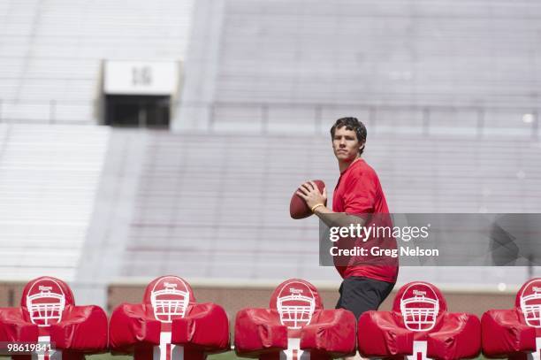 Draft Preview: NFL prospect and former University of Oklahoma QB Sam Bradford during individual workout at Gaylord Family Oklahoma Memorial Stadium....