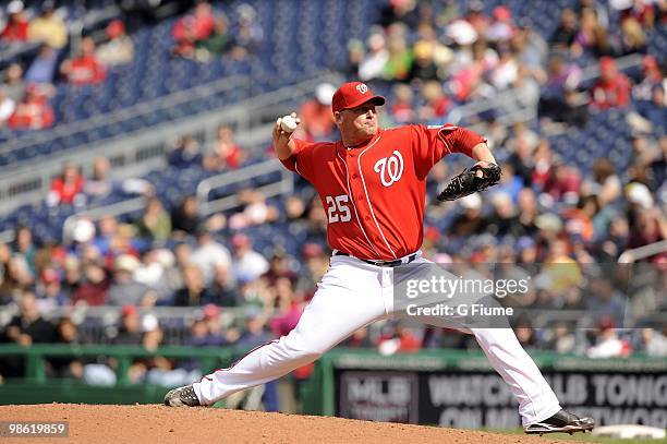 Tyler Walker of the Washington Nationals pitches against the Milwaukee Brewers April 18, 2010 at Nationals Park in Washington, DC.