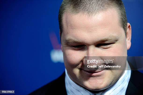 Offensive tackle Bryan Bulaga of the Iowa Hawkeyes is interviewed on the red carpet during the 2010 NFL Draft at Radio City Music Hall on April 22,...