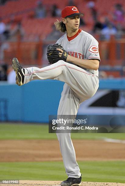 Pitcher Bronson Arroyo of the Cincinnati Reds pitches during a MLB game against the Florida Marlins at Sun Life Stadium on April 13, 2010 in Miami,...