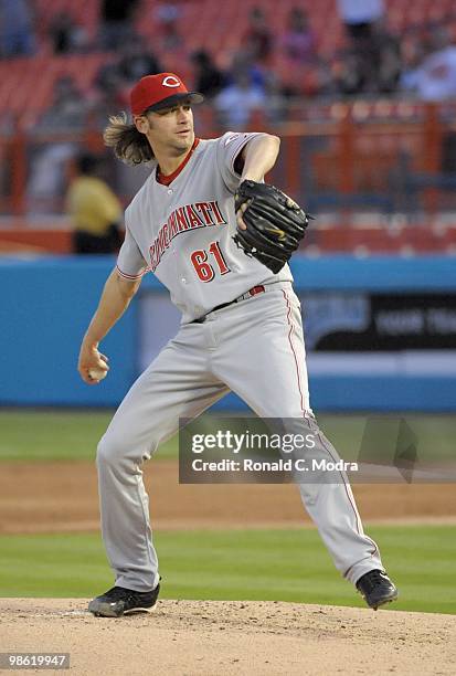 Pitcher Bronson Arroyo of the Cincinnati Reds pitches during a MLB game against the Florida Marlins at Sun Life Stadium on April 13, 2010 in Miami,...