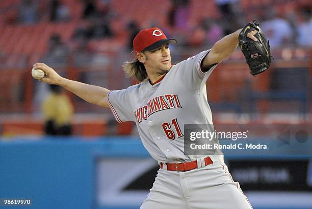 Pitcher Bronson Arroyo of the Cincinnati Reds pitches during a MLB game against the Florida Marlins at Sun Life Stadium on April 13, 2010 in Miami,...