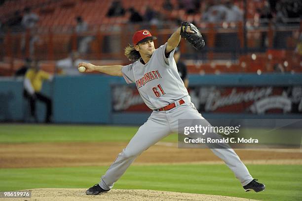 Pitcher Bronson Arroyo of the Cincinnati Reds pitches during a MLB game against the Florida Marlins at Sun Life Stadium on April 13, 2010 in Miami,...