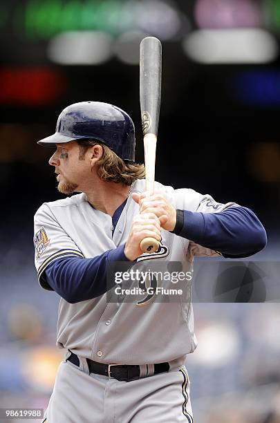 Gregg Zaun of the Milwaukee Brewers bats against the Washington Nationals April 18, 2010 at Nationals Park in Washington, DC.