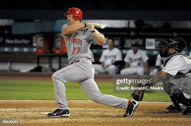 Scott Rolen of the Cincinnati Reds bats during a MLB game against the Florida Marlins at Sun Life Stadium on April 13, 2010 in Miami, Florida. (Photo...