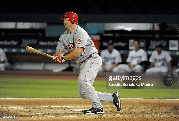 Scott Rolen of the Cincinnati Reds bats during a MLB game against the Florida Marlins at Sun Life Stadium on April 13, 2010 in Miami, Florida. (Photo...