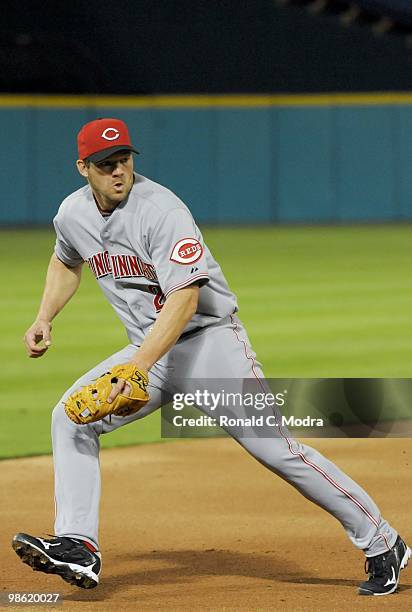 Scott Rolen of the Cincinnati Reds fields during a MLB game against the Florida Marlins at Sun Life Stadium on April 13, 2010 in Miami, Florida....