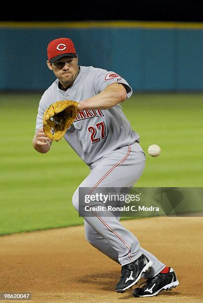 Scott Rolen of the Cincinnati Reds fields during a MLB game against the Florida Marlins at Sun Life Stadium on April 13, 2010 in Miami, Florida....