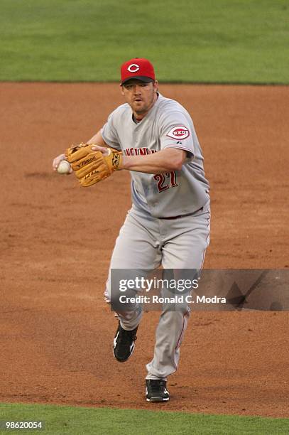 Scott Rolen of the Cincinnati Reds fields during a MLB game against the Florida Marlins at Sun Life Stadium on April 13, 2010 in Miami, Florida....