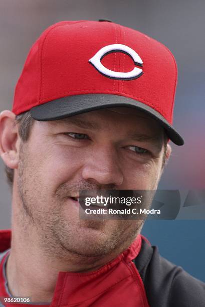 Scott Rolen of the Cincinnati Reds during batting practice before a MLB game against the Florida Marlins at Sun Life Stadium on April 13, 2010 in...