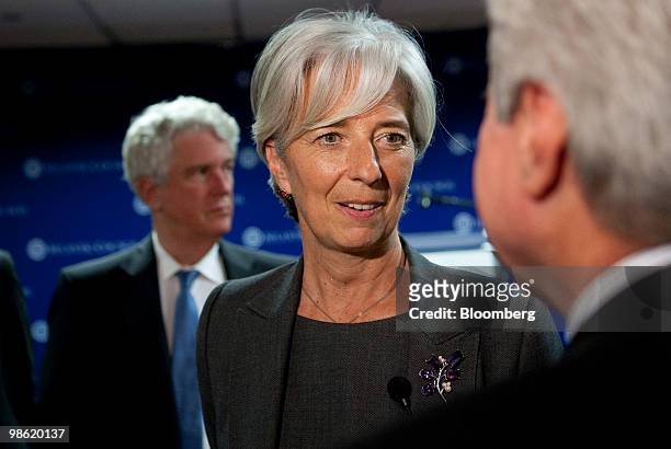 Christine Lagarde, France's finance minister, speaks to attendees following a speech at the Atlantic Council in Washington, D.C., U.S., on Thursday,...