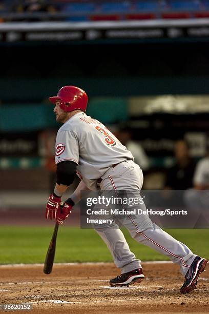 Jonny Gomes of the Cincinnati Reds bats during a MLB game against the Florida Marlins at Sun Life Stadium on April 14, 2010 in Miami, Florida. (Photo...