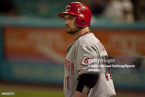 Jonny Gomes of the Cincinnati Reds during a MLB game against the Florida Marlins at Sun Life Stadium on April 14, 2010 in Miami, Florida. (Photo by...