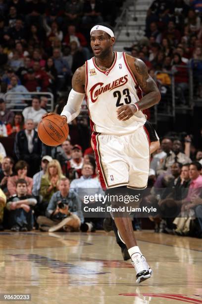 LeBron James of the Cleveland Cavaliers brings the ball upcourt against the Chicago Bulls in Game Two of the Eastern Conference Quarterfinals during...