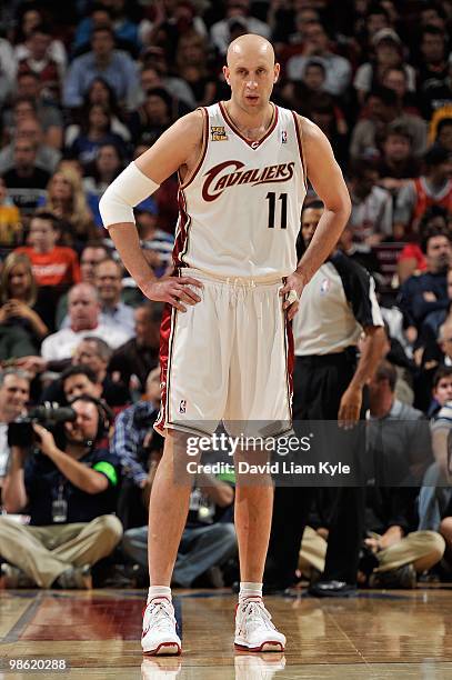 Zydrunas Ilgauskas of the Cleveland Cavaliers stands on the court in Game Two of the Eastern Conference Quarterfinals against the Chicago Bulls...