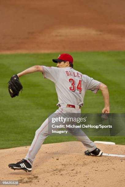 Pitcher Homer Bailey of the Cincinnati Reds pitches during a MLB game against the Florida Marlins at Sun Life Stadium on April 14, 2010 in Miami,...