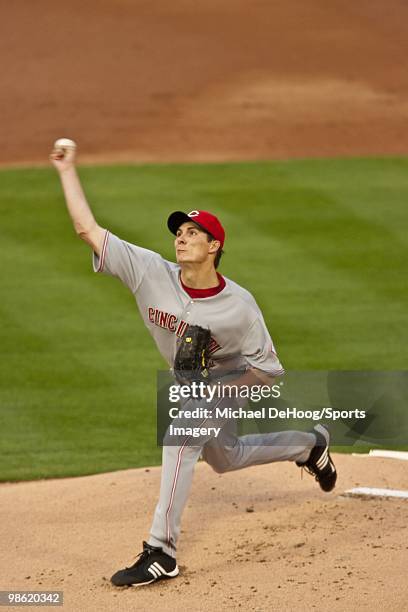 Pitcher Homer Bailey of the Cincinnati Reds pitches during a MLB game against the Florida Marlins at Sun Life Stadium on April 14, 2010 in Miami,...