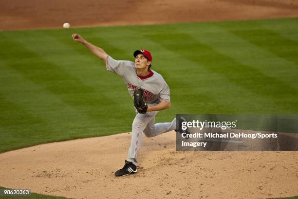 Pitcher Homer Bailey of the Cincinnati Reds pitches during a MLB game against the Florida Marlins at Sun Life Stadium on April 14, 2010 in Miami,...