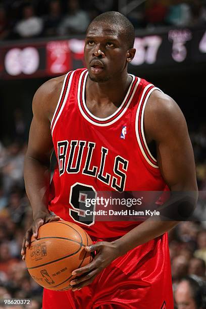 Luol Deng of the Chicago Bulls handles the ball against the Cleveland Cavaliers in Game Two of the Eastern Conference Quarterfinals during the 2010...