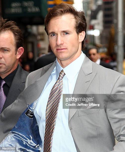 Quarterback Drew Brees visits "Late Show With David Letterman" at the Ed Sullivan Theater on April 22, 2010 in New York City.