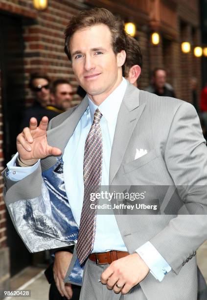 Quarterback Drew Brees visits "Late Show With David Letterman" at the Ed Sullivan Theater on April 22, 2010 in New York City.