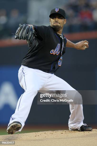 Johan Santana of the New York Mets pitches against the Chicago Cubs on April 22, 2010 at Citi Field in the Flushing neighborhood of the Queens...