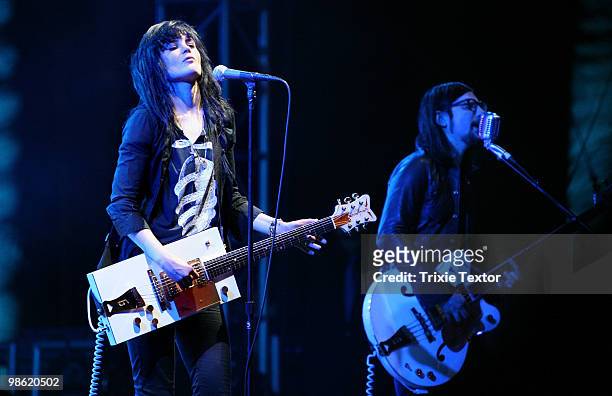 Musicians Alison Mosshart and Jack Lawrence of The Dead Weather perform during day two of the Coachella Valley Music & Arts Festival 2010 held at the...