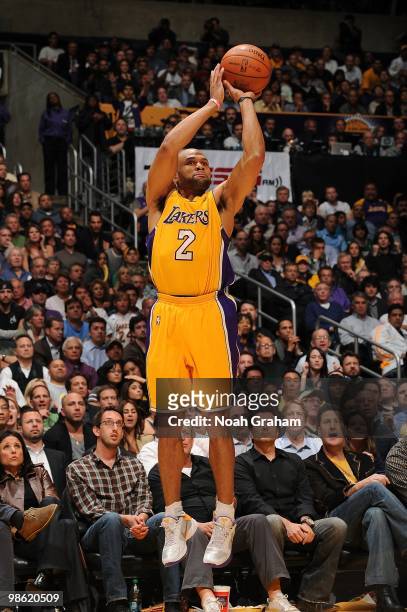 Derek Fisher of the Los Angeles Lakers takes a jump shot against the Oklahoma City Thunder in Game Two of the Western Conference Quarterfinals during...